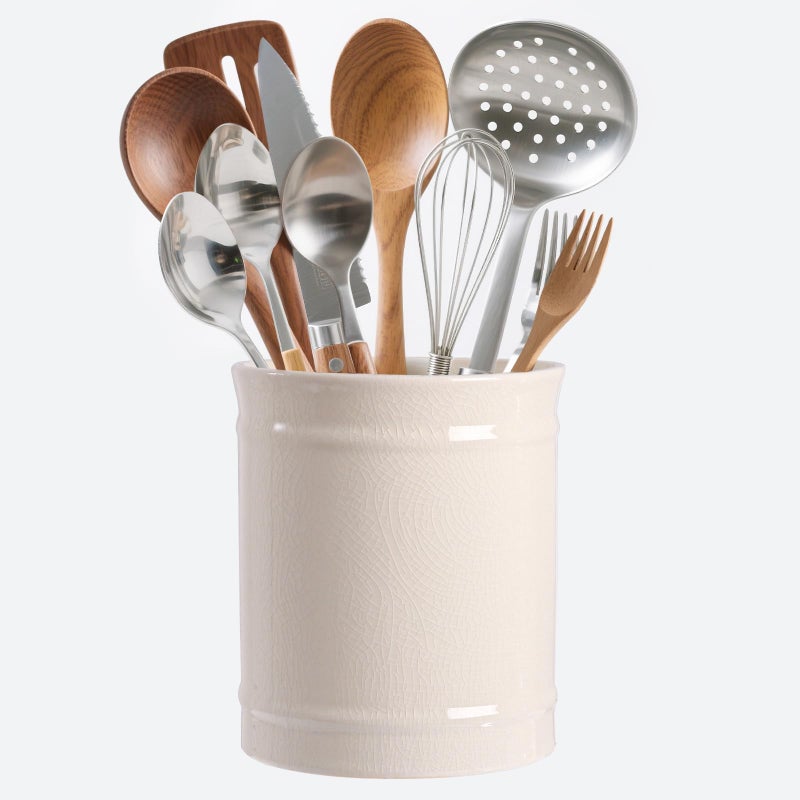 SZUAH Kitchen Utensil Holder, Larger Ceramic Utensil Crock for Kitchen Counter top & Dining Table (Cream, 5.9" x 5.9" x 6.7") - Image 1